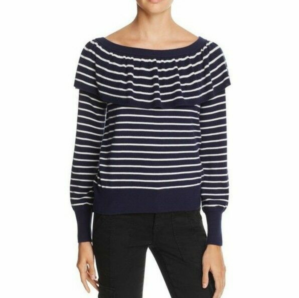 NWT JOIE ADINAM BLUE WHITE STRIPED OFF SHOULDER RUFFLE KNIT SWEATER TOP SZ XS